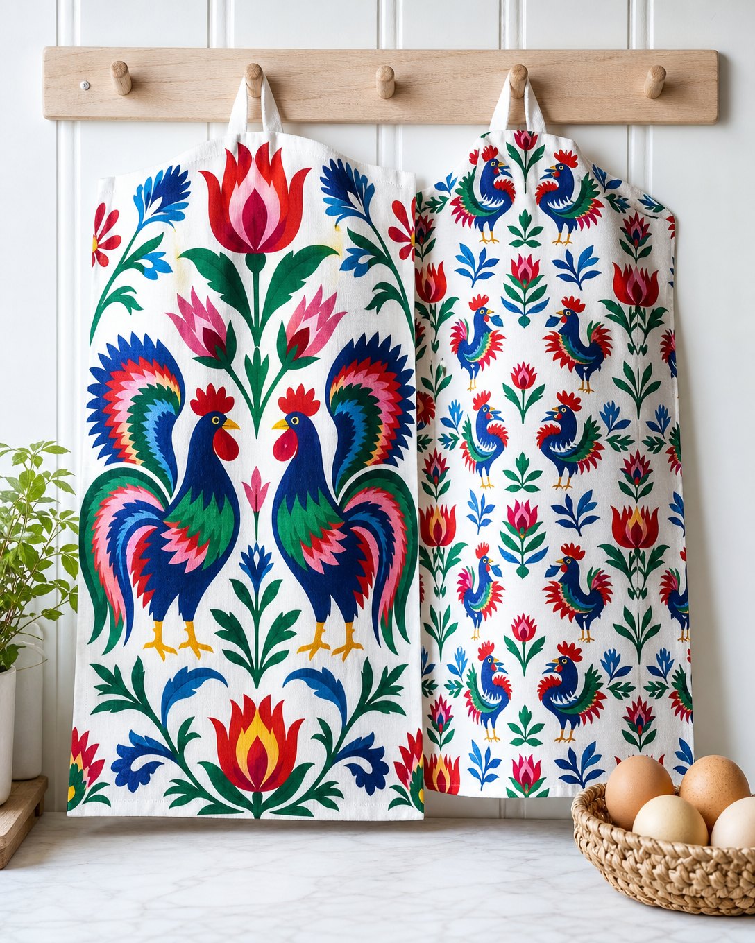 Paper-Cut Roosters Tea Towel Set, image 1